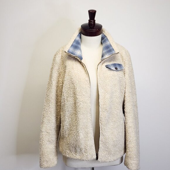 Pendleton Hi-Pile Fuzzy Sherpa Full Zip Fleece Jacket Ivory, Plaid Trim Women XL - Picture 10 of 12